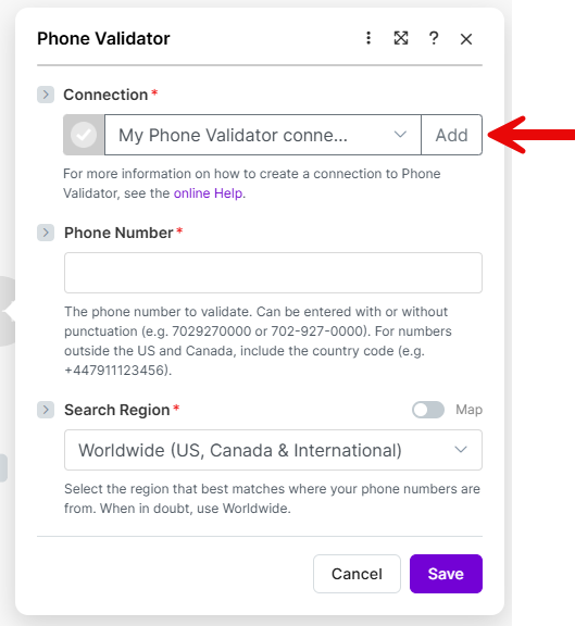 Connection field with Add button