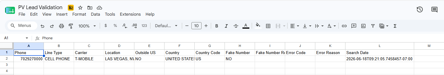 Google Sheets row with Phone Validator results