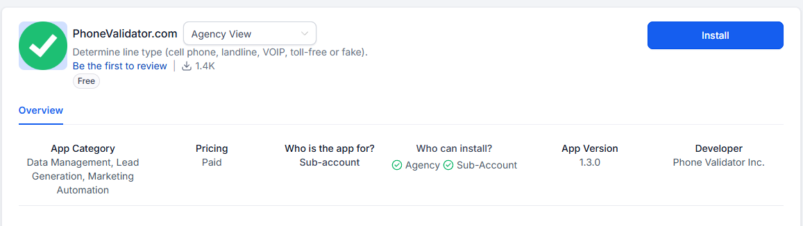 PhoneValidator.com listing with Install button