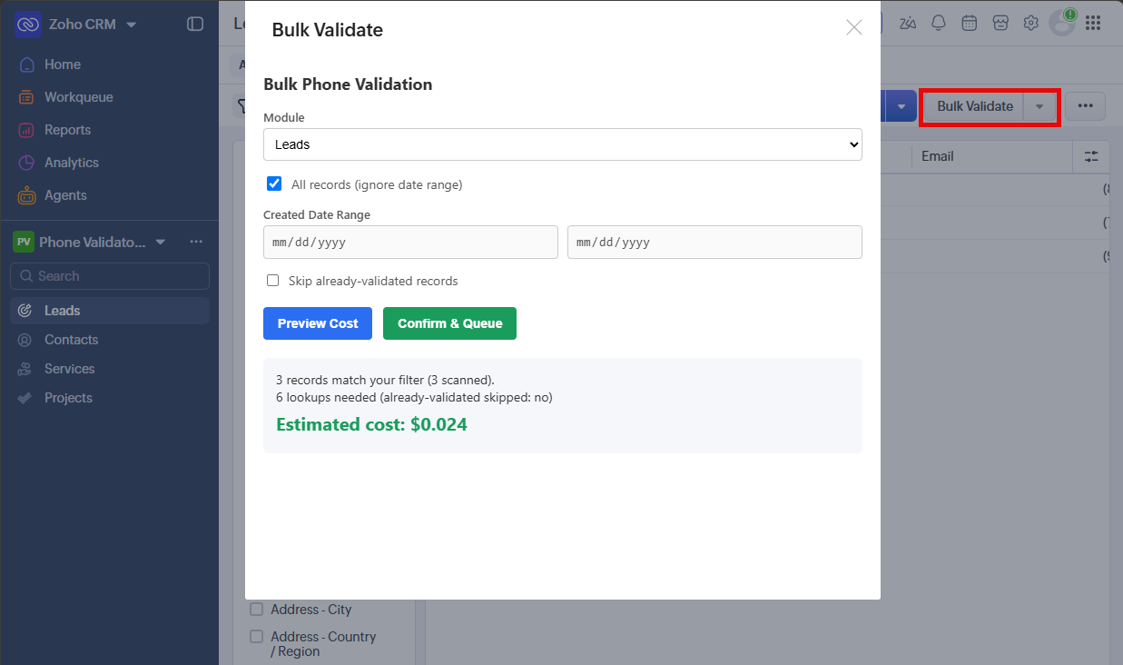 Bulk Validate widget showing module selection, date range filter, and cost preview