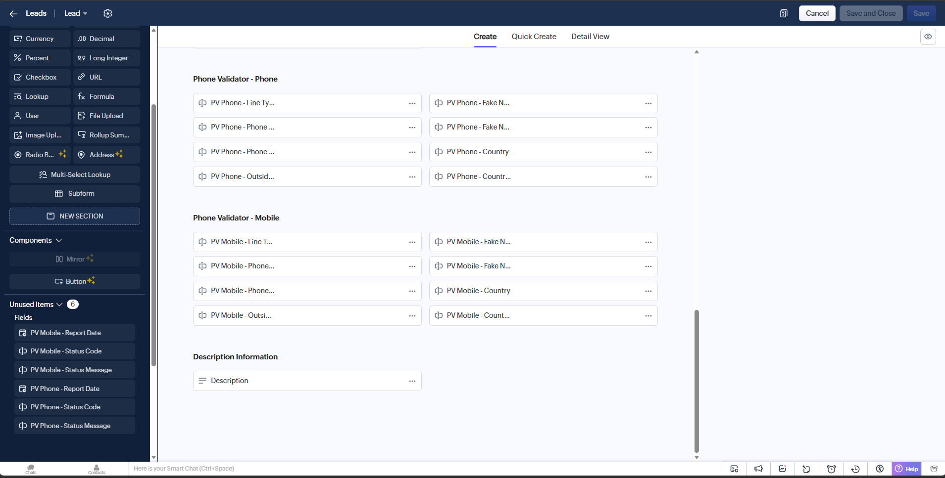 Custom layout showing Phone Validator - Phone and Phone Validator - Mobile sections with fields added