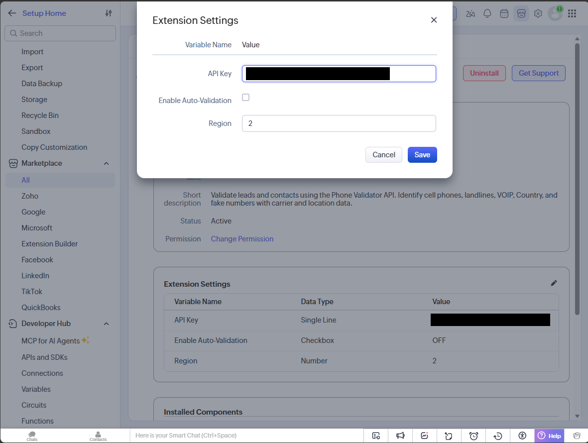 Extension Settings dialog with API Key, Enable Auto-Validation, and Region fields