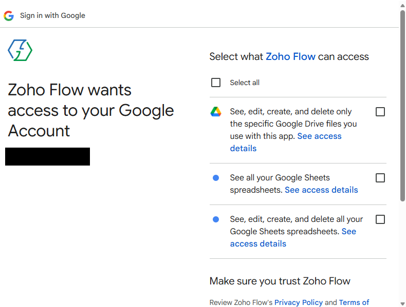 Google OAuth consent screen showing the three Sheets permission levels