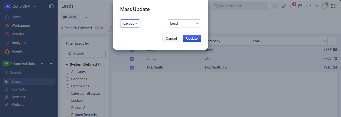 Mass Update dialog with the Layout field set to the custom Phone Validator layout